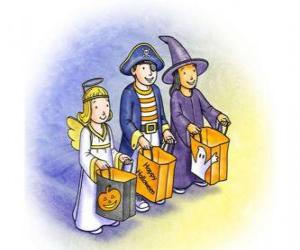 yapboz Üç çocuk hile veya tedavi giydirmek için - Bir hayalet, cadı ve çanta ile şeytan